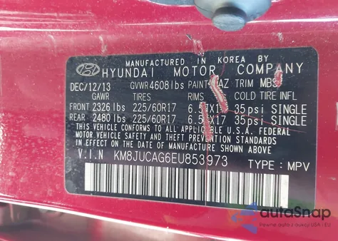 2014 Hyundai Tucson Se z USA, uszkodzony, nr VIN KM8JUCAG6EU853973